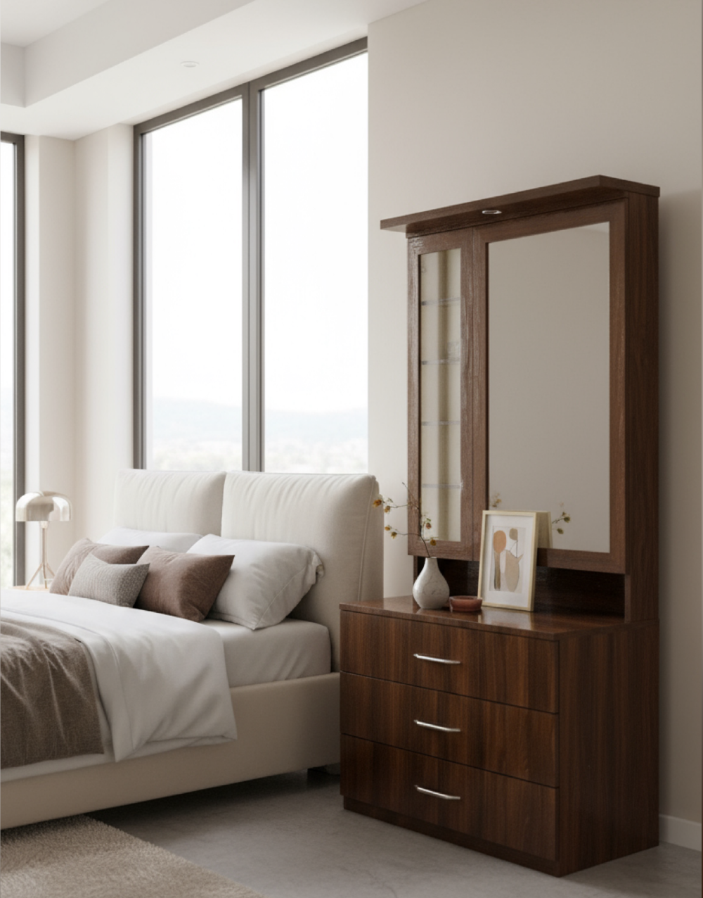 Modern High-Gloss Dressing Table with 3-Drawer Storage and Side Cabinet - Image 2