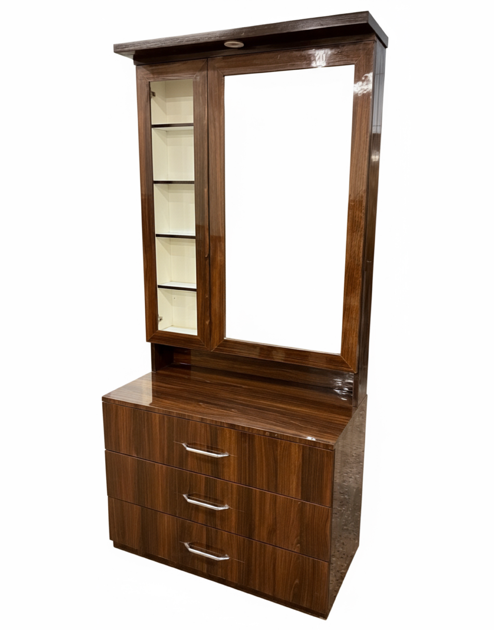 Modern High-Gloss Dressing Table with 3-Drawer Storage and Side Cabinet