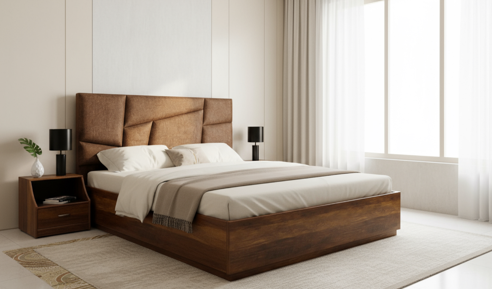 Modern Platform Bed with Geometric Cushioned Headboard - Image 2
